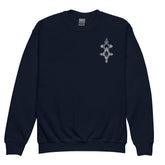 Navy blue youth crewneck sweatshirt with small geometric design on chest, soft fleece fabric, regular fit, double-needle stitched hems