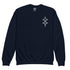 Navy blue youth crewneck sweatshirt with small geometric design on chest, soft fleece fabric, regular fit, double-needle stitched hems