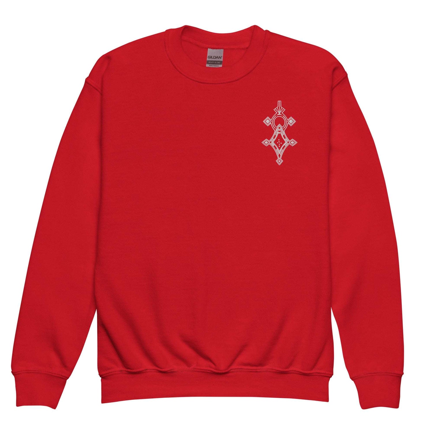 Red youth crewneck sweatshirt with soft fleece fabric and geometric chest design