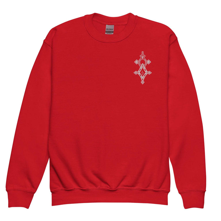Red youth crewneck sweatshirt with soft fleece fabric and geometric chest design