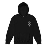 Black youth heavy blend hoodie with front pouch pocket and graphic emblem on chest