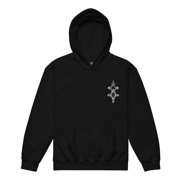 Black youth heavy blend hoodie with front pouch pocket and graphic emblem on chest