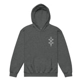youth heavy blend hoodie in gray with double-lined hood and front pouch pocket for kids