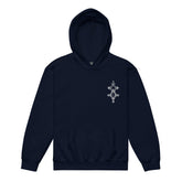 Youth heavy blend hoodie in navy with front pouch pocket and printed design, made of durable cotton-polyester fleece