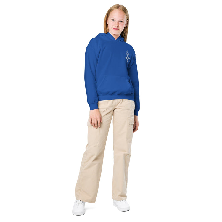 youth heavy blend hoodie in blue with front pouch pocket worn by child model