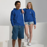 Youth heavy blend hoodie worn by kids in blue with front pouch pocket and double-lined hood