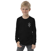 Youth long sleeve tee in black with crew neck and ribbed cuffs worn by boy