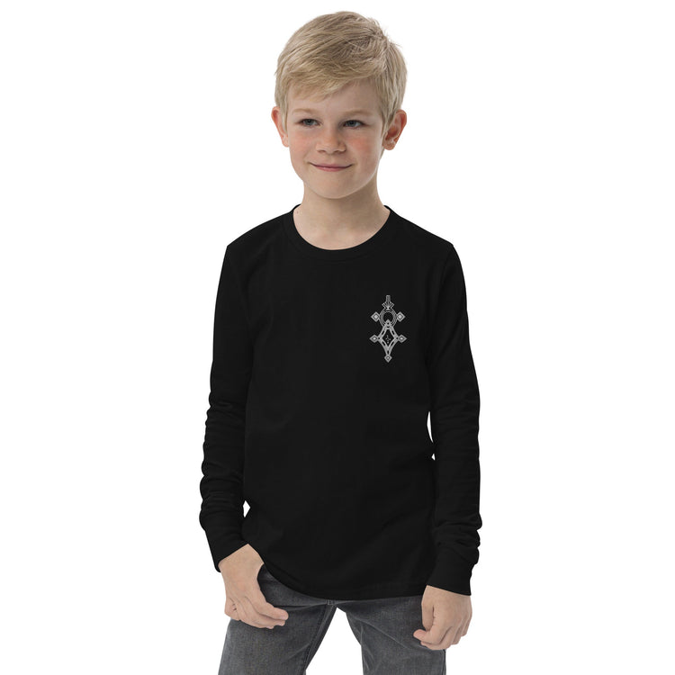 Youth long sleeve tee in black with crew neck and ribbed cuffs worn by boy