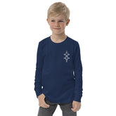 Youth long sleeve tee in navy blue with crew neck and ribbed cuffs worn by boy