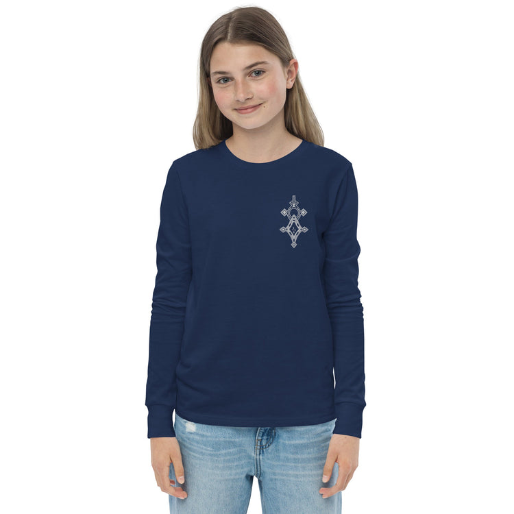 Youth long sleeve tee in navy blue with ribbed cuffs worn by a smiling girl
