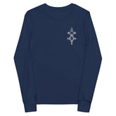 Navy youth long sleeve tee with ribbed cuffs and small chest design, made of soft durable Airlume cotton