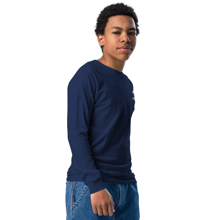 youth long sleeve tee navy blue cotton shirt with ribbed cuffs and crew neck