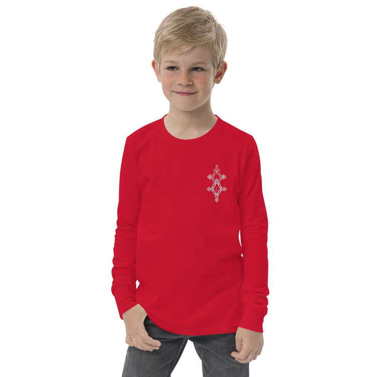 Youth long sleeve tee in red with ribbed cuffs and classic crew neck, worn by a boy