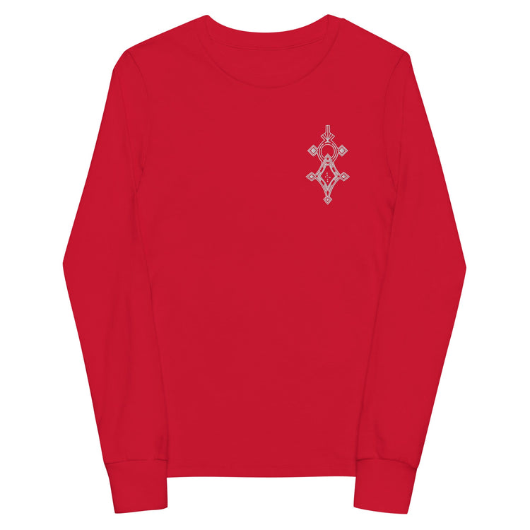 Youth long sleeve tee in red with classic crew neck and ribbed cuffs made from soft Airlume combed cotton