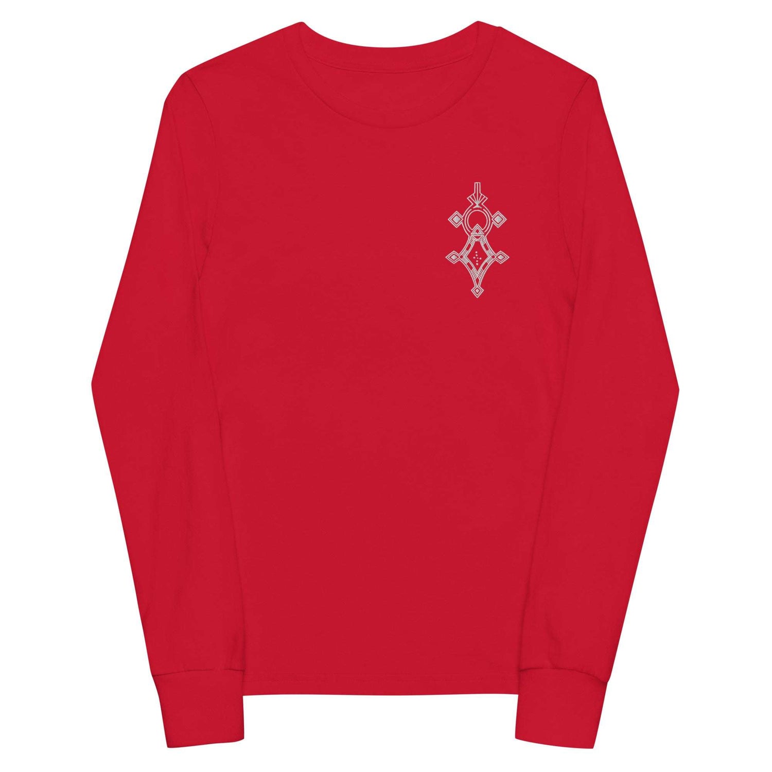 Red youth long sleeve tee with ribbed cuffs and small chest design made of soft Airlume cotton