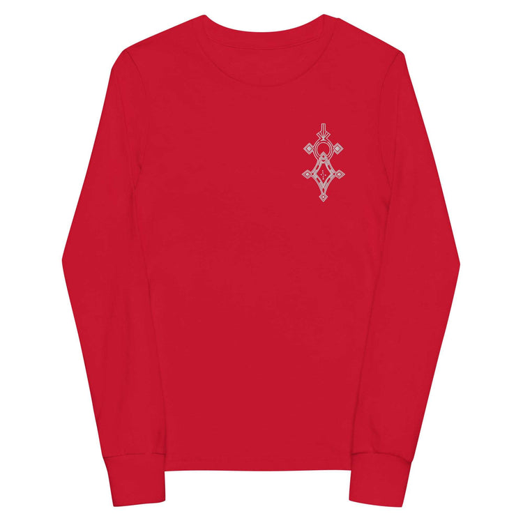 Red youth long sleeve tee with ribbed cuffs and small chest design made of soft Airlume cotton