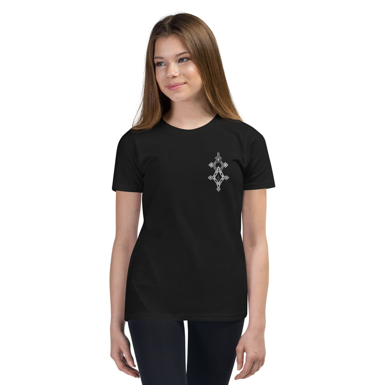 Youth short sleeve t-shirt in black with unique chest design, lightweight and soft cotton blend, relaxed unisex fit.