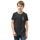 youth short sleeve t-shirt in dark heather with unique chest design worn by boy