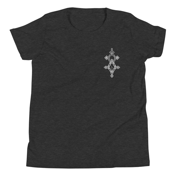 Youth short sleeve t-shirt in dark heather with unique front design, soft cotton blend, relaxed unisex fit
