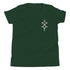 Youth short sleeve t-shirt in dark green with unique front design, soft cotton fabric, relaxed unisex fit.