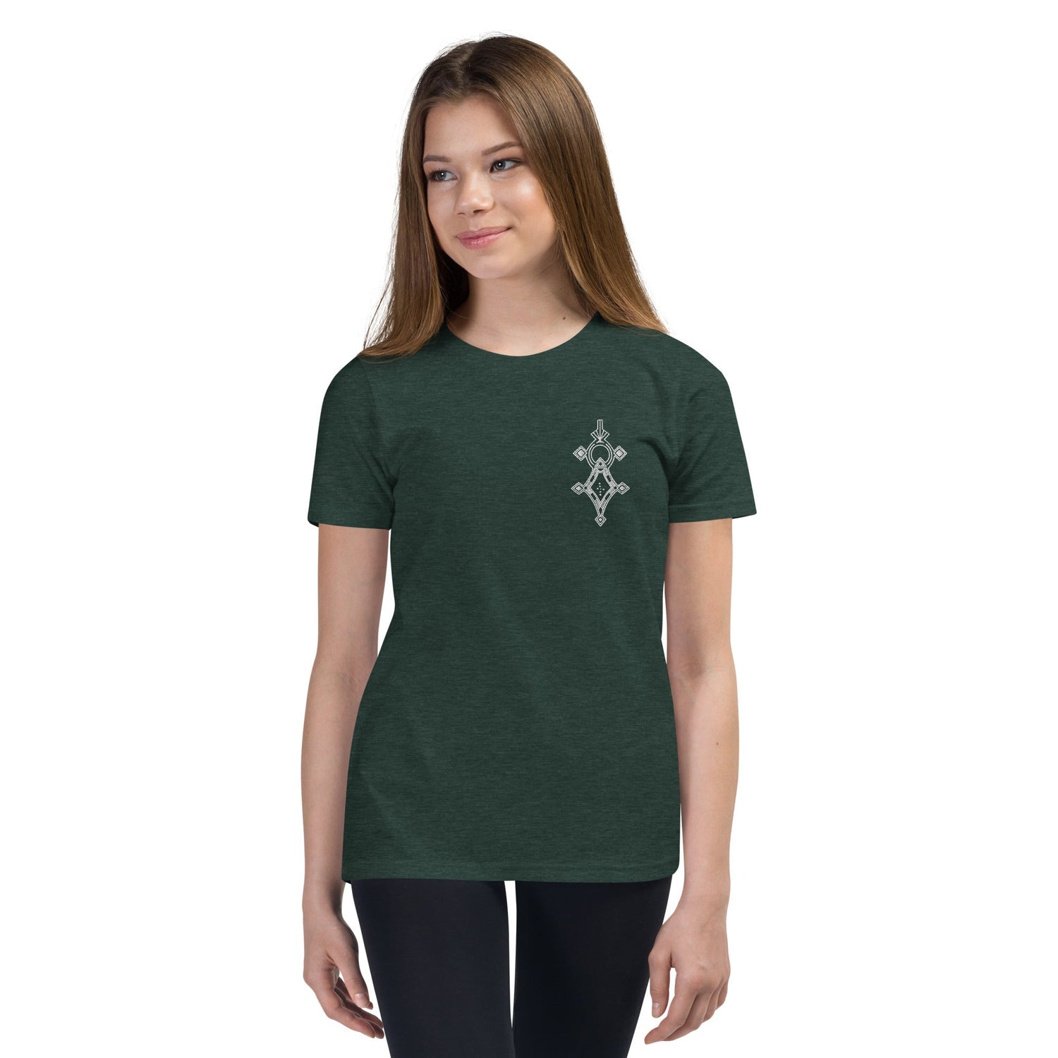 Youth short sleeve t-shirt in dark green with unique small design, soft cotton fabric for comfort.