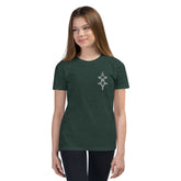 Youth short sleeve t-shirt in dark green with unique small design, soft cotton fabric for comfort.