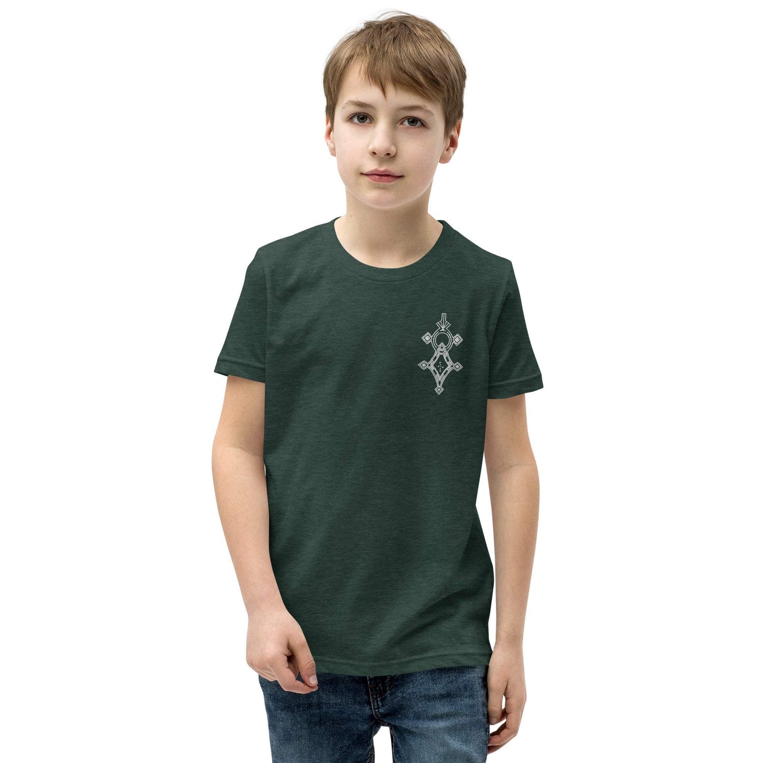 Youth short sleeve t-shirt in dark green with unique front design worn by boy