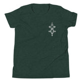 Youth short sleeve t-shirt in dark green with unique design, lightweight and soft cotton fabric