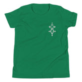Youth short sleeve t-shirt in green with unique small geometric design, made from soft cotton blend fabric