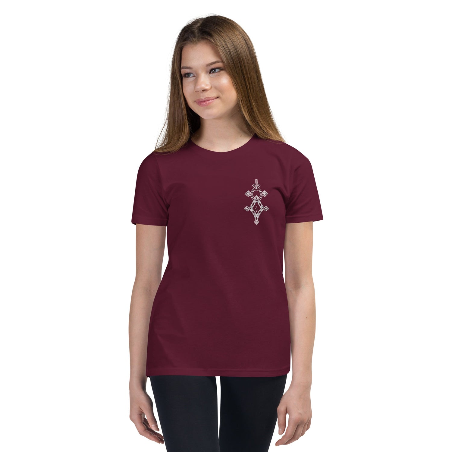 Youth short sleeve t-shirt in maroon with unique small chest design, soft cotton fabric, relaxed unisex fit