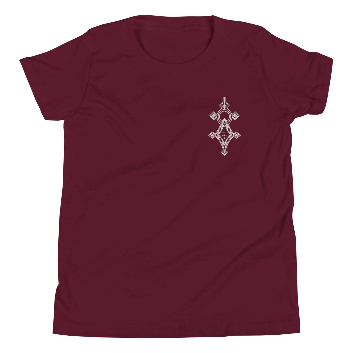 Youth short sleeve t-shirt in maroon with unique front design, soft cotton blend, and relaxed unisex fit