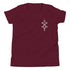 Youth short sleeve t-shirt in maroon with unique front design, soft cotton blend, and relaxed unisex fit