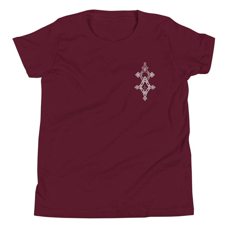 Youth short sleeve t-shirt in maroon with unique front design, soft cotton blend, and relaxed unisex fit