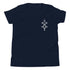 Navy Youth Short Sleeve T-Shirt with unique white geometric design, soft cotton fabric, relaxed unisex fit, and side-seamed construction