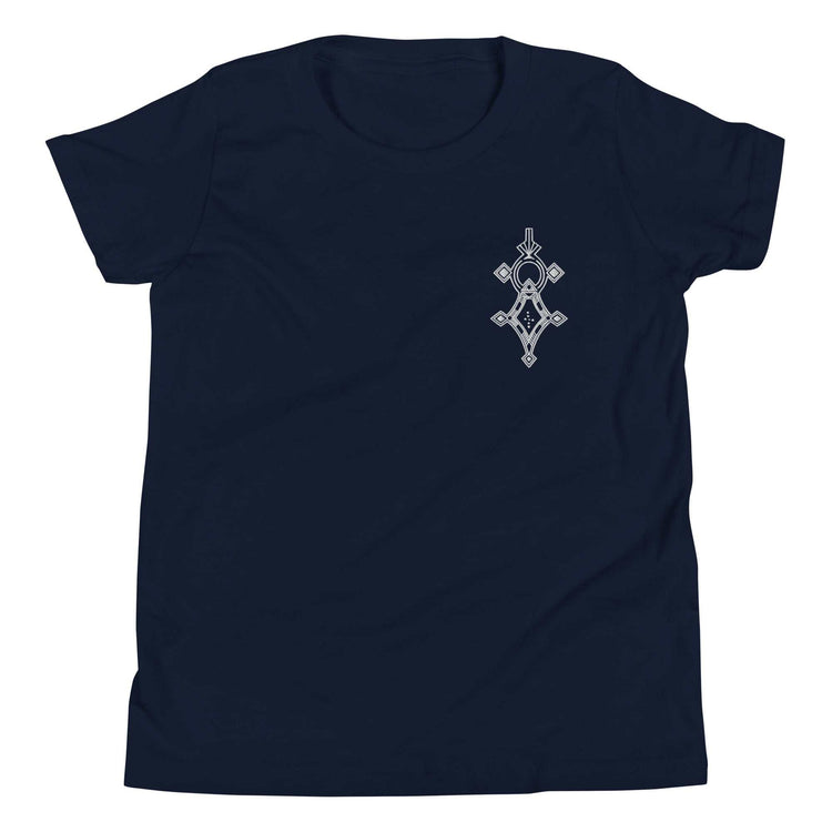 Navy Youth Short Sleeve T-Shirt with unique white geometric design, soft cotton fabric, relaxed unisex fit, and side-seamed construction