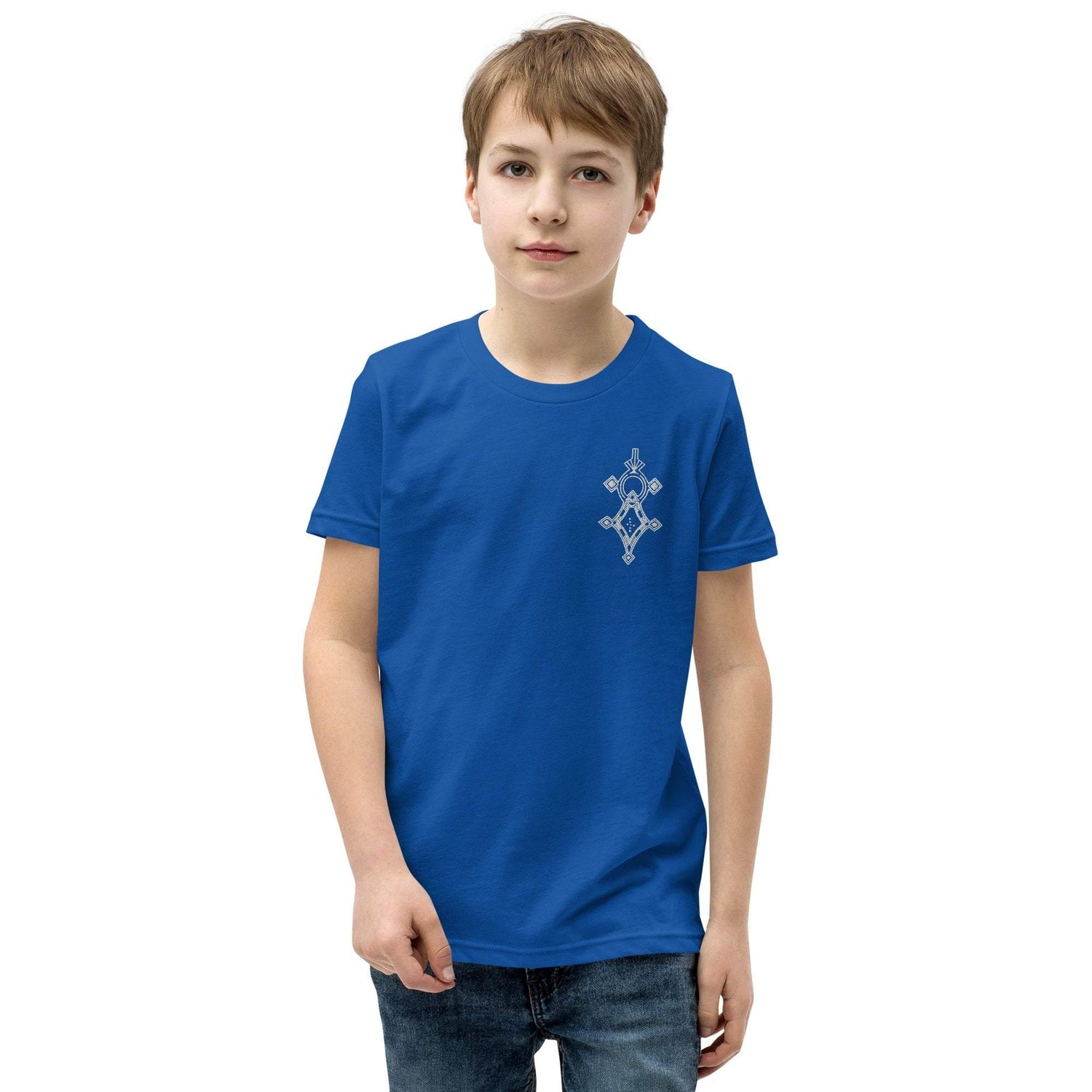 Youth short sleeve t-shirt in blue with unique chest design worn by boy, soft cotton fabric, relaxed unisex fit