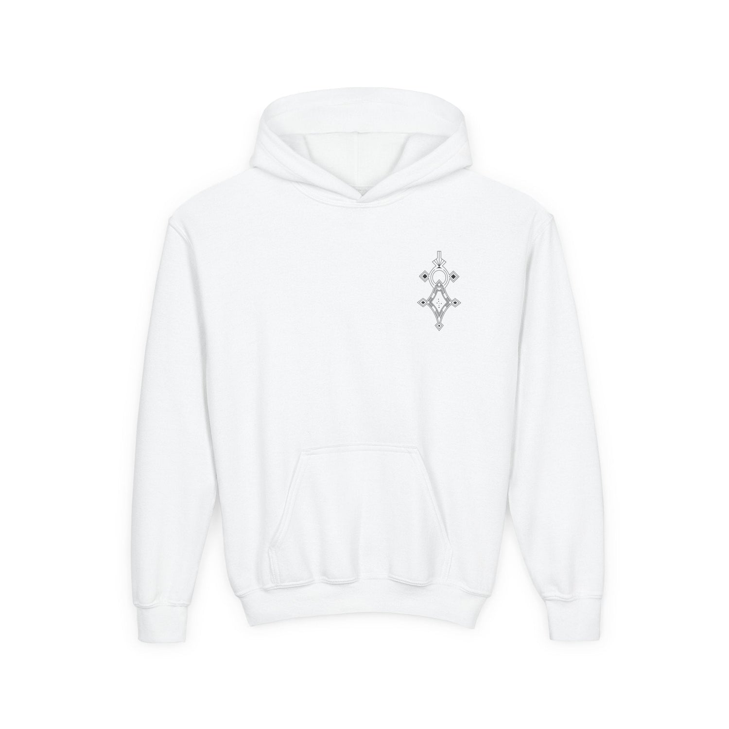 Girls heavy blend hooded sweatshirt in white with front kangaroo pocket and embroidery design on chest
