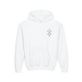 Girls heavy blend hooded sweatshirt in white with front kangaroo pocket and embroidery design on chest