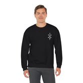 Men wearing black Heavy Blend™ Crewneck Sweatshirt with small chest embroidery, casual fit