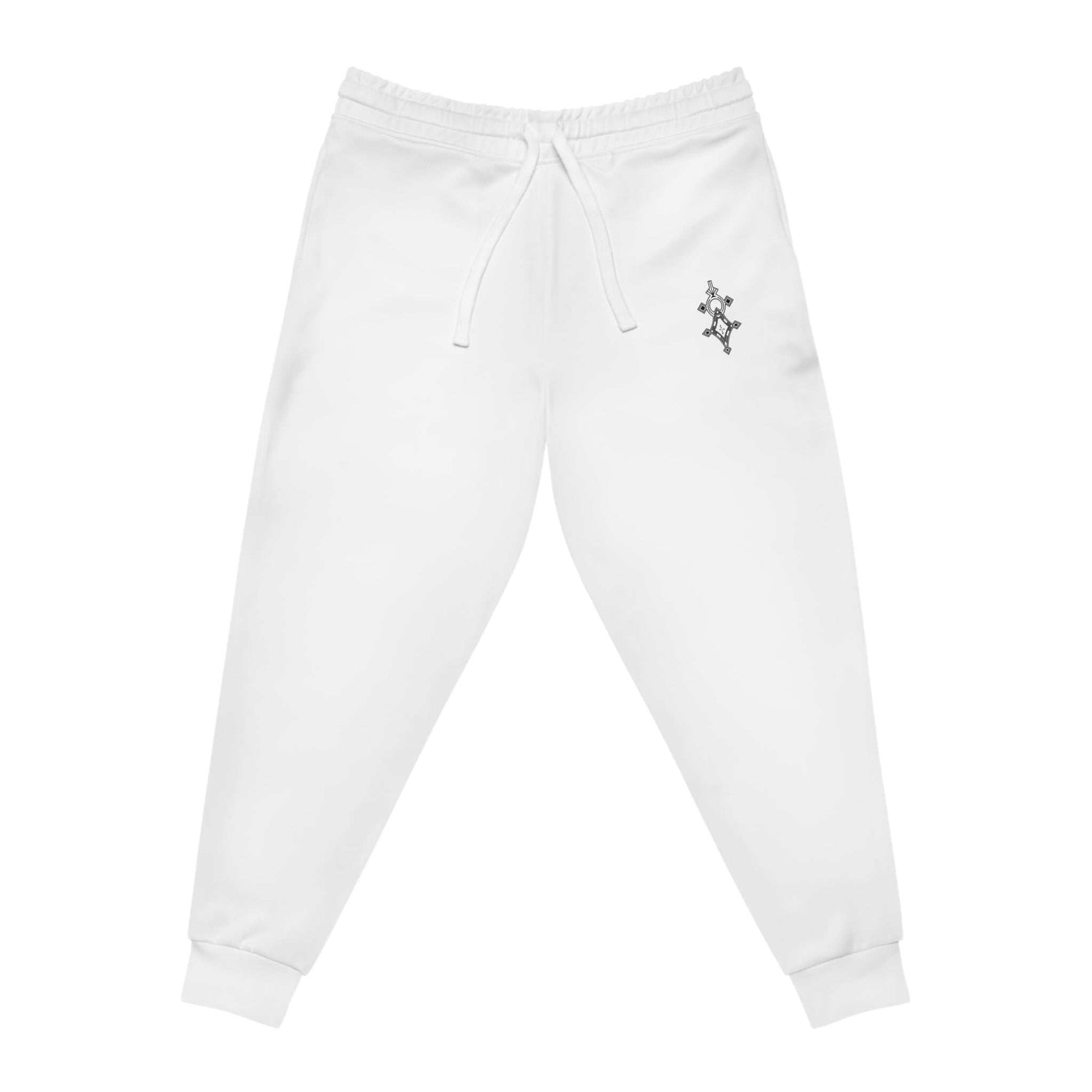 White men athletic joggers with elastic waistband and ankle cuffs, featuring a small black logo and white drawstring.
