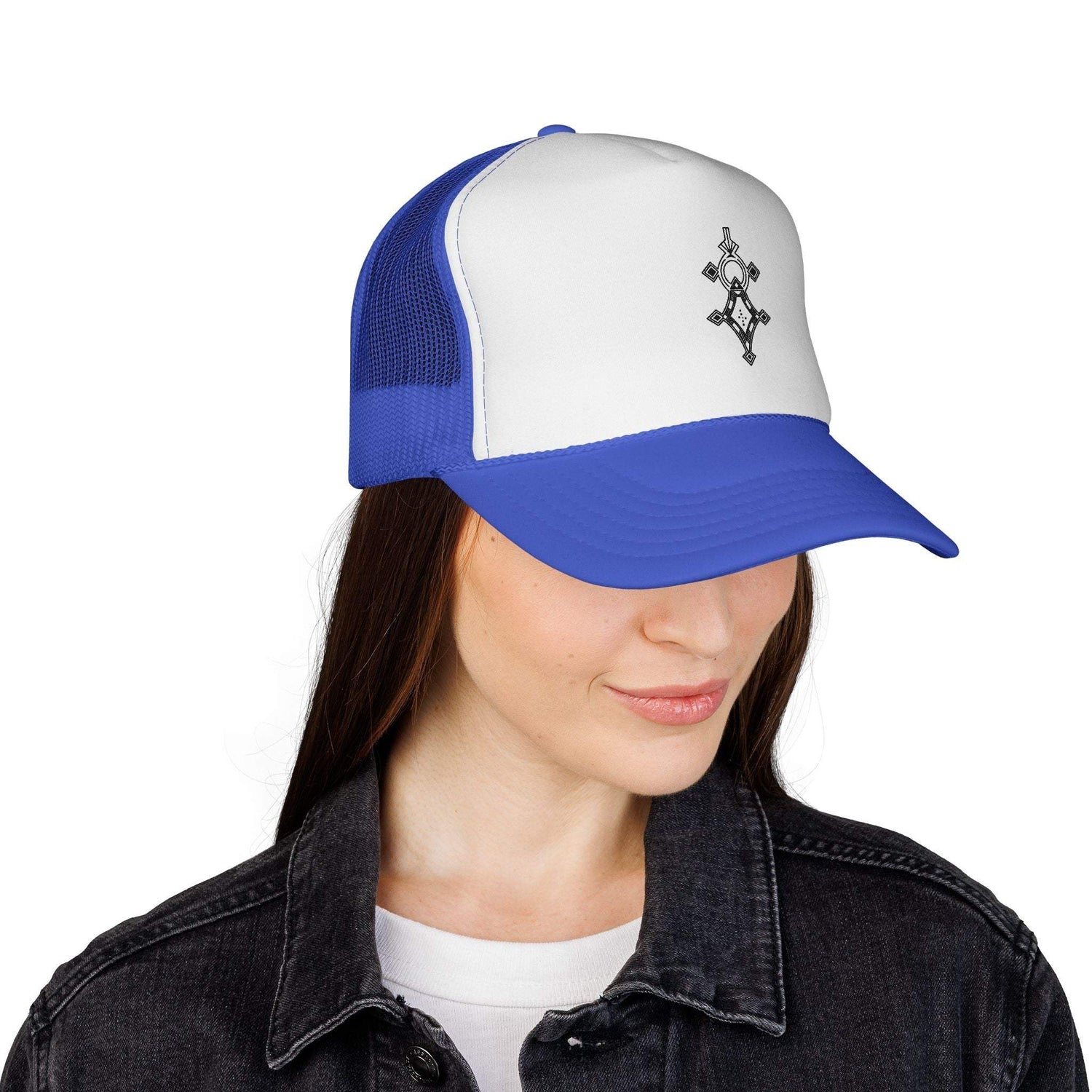Blue and white trucker cap with mesh back and adjustable snap closure worn by woman
