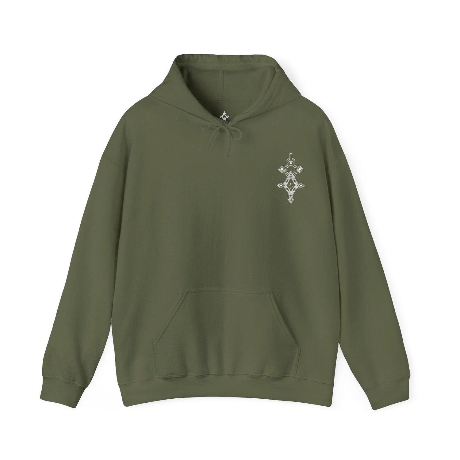 olive green men heavy blend hooded sweatshirt with front kangaroo pocket and small chest embroidery design