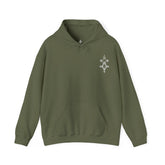 olive green men heavy blend hooded sweatshirt with front kangaroo pocket and small chest embroidery design