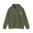 olive green men heavy blend hooded sweatshirt with front kangaroo pocket and small chest embroidery design