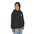Girl wearing black Girls Heavy Blend Hooded Sweatshirt with front kangaroo pocket and embroidery on chest