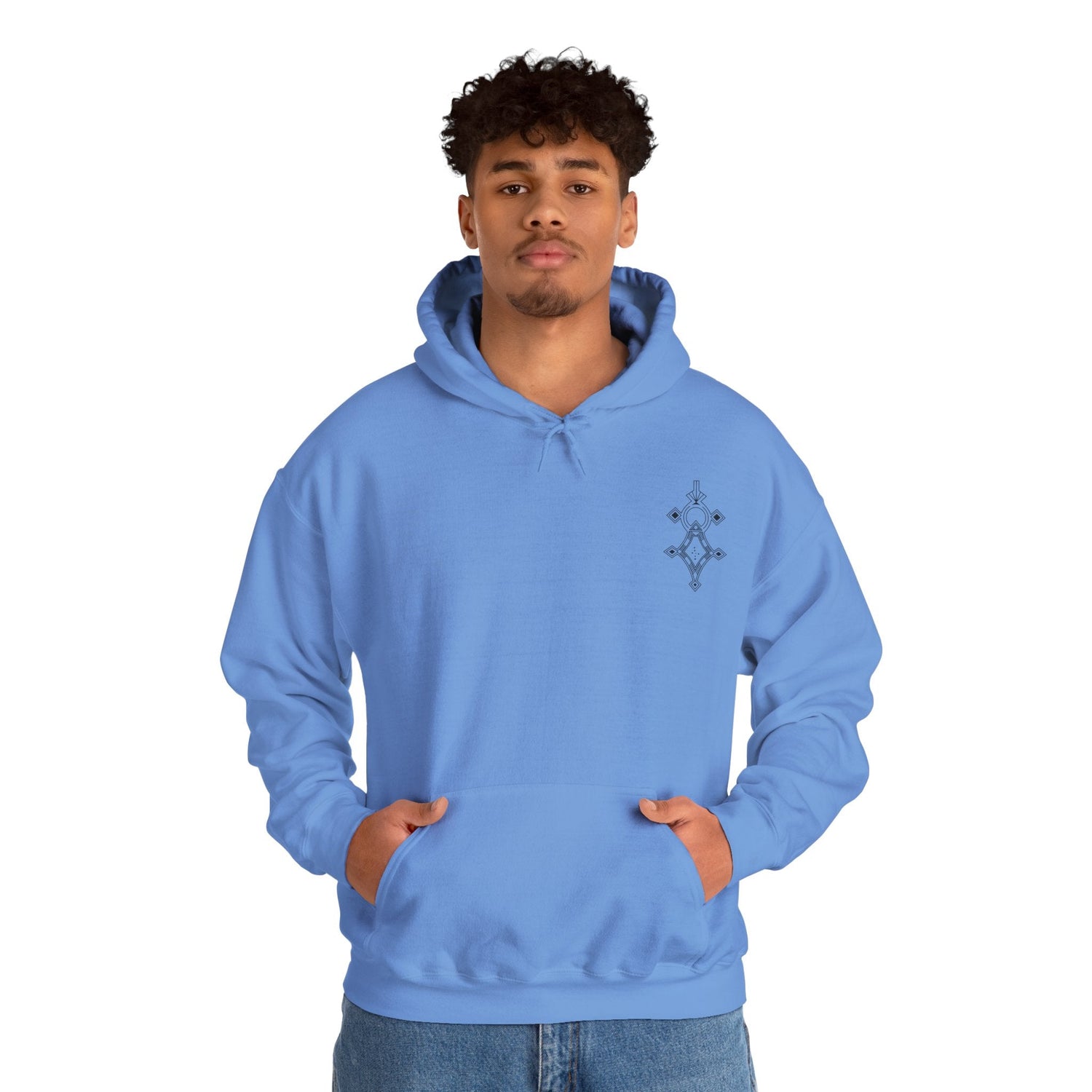 Men wearing light blue heavy blend hooded sweatshirt with front pocket and small chest embroidery