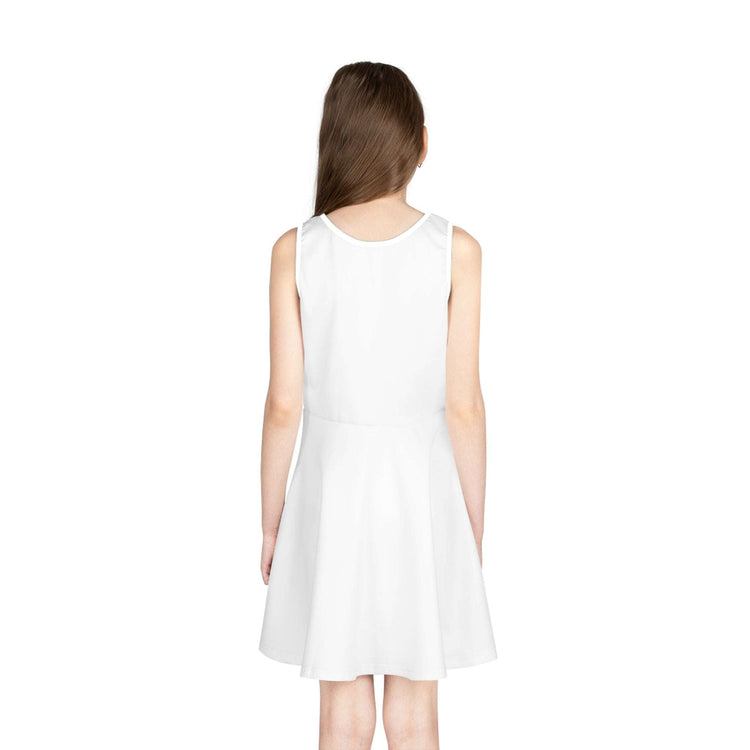 Back view of a girl wearing a white sleeveless A-line sundress for summer