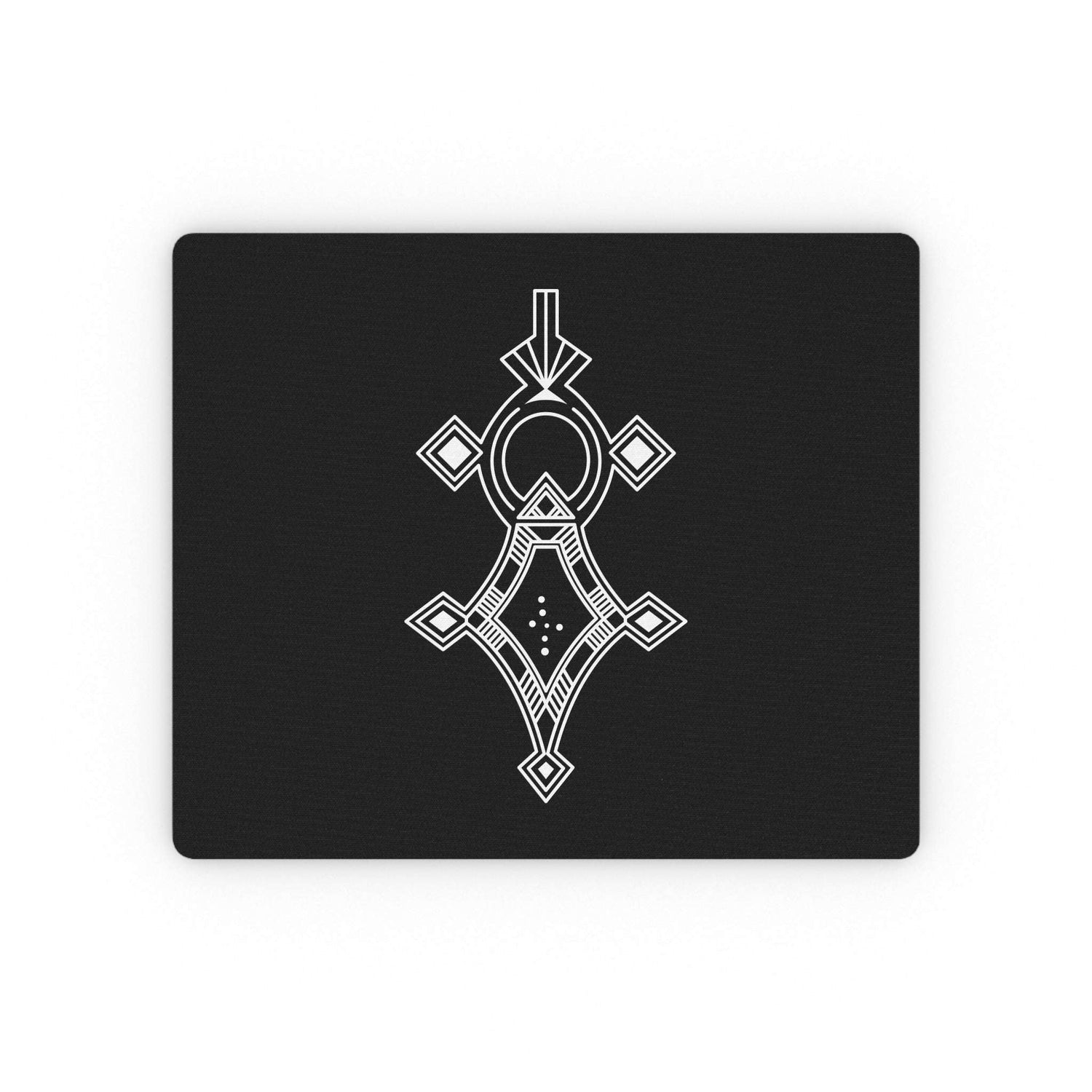 Rectangular mouse pad with black surface and white geometric design, non-slip rubber backing and durable cloth top.