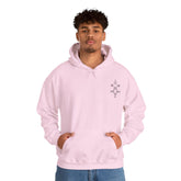 Men wearing pink heavy blend hooded sweatshirt with front pocket and small chest embroidery