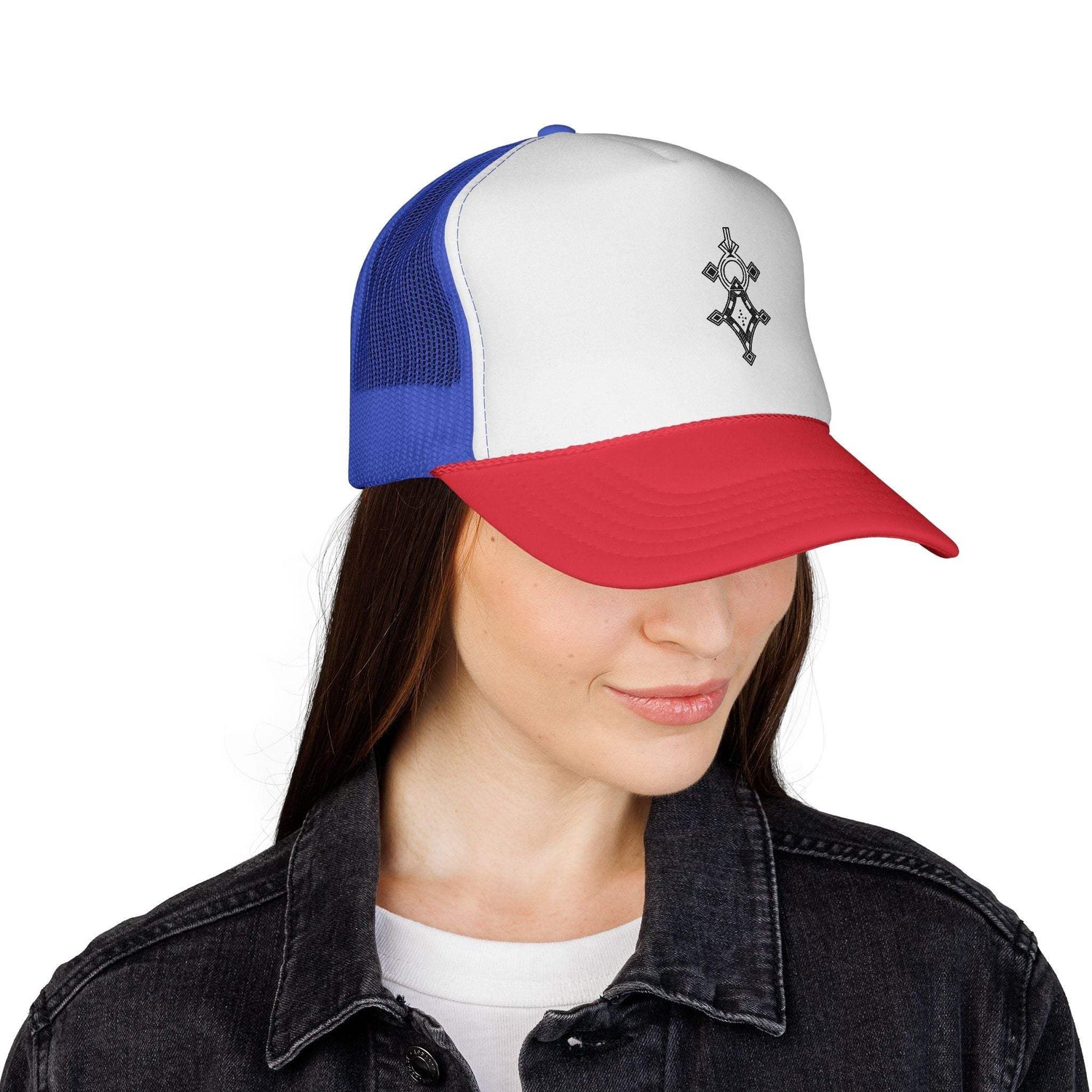 Woman wearing blue, white, and red trucker cap with mesh back and adjustable snap closure